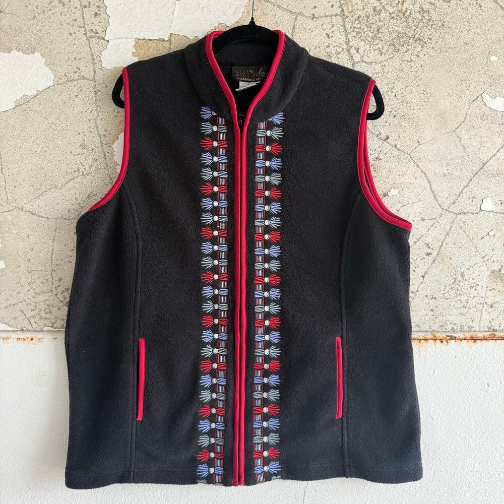 Vtg Bob Mackie‎ Fleece Vest Black Red Embroidered Zip Front Womens L Boho Artsy